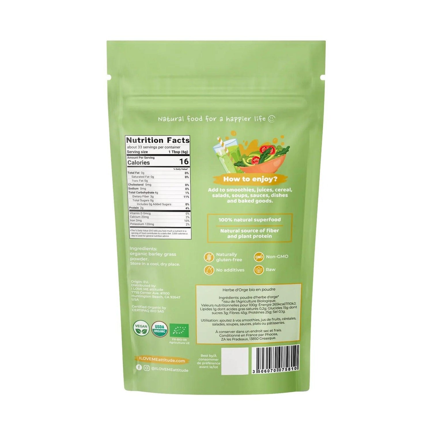 Organic barley grass powder from ILOVE ME in a 200g package, featuring fresh green barley grass herbs on the packaging.