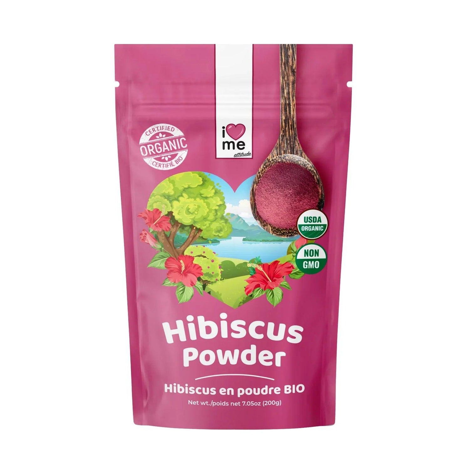 Organic hibiscus powder in a 200g package from ILOVE ME, showing vibrant red hibiscus flowers and the product packaging.