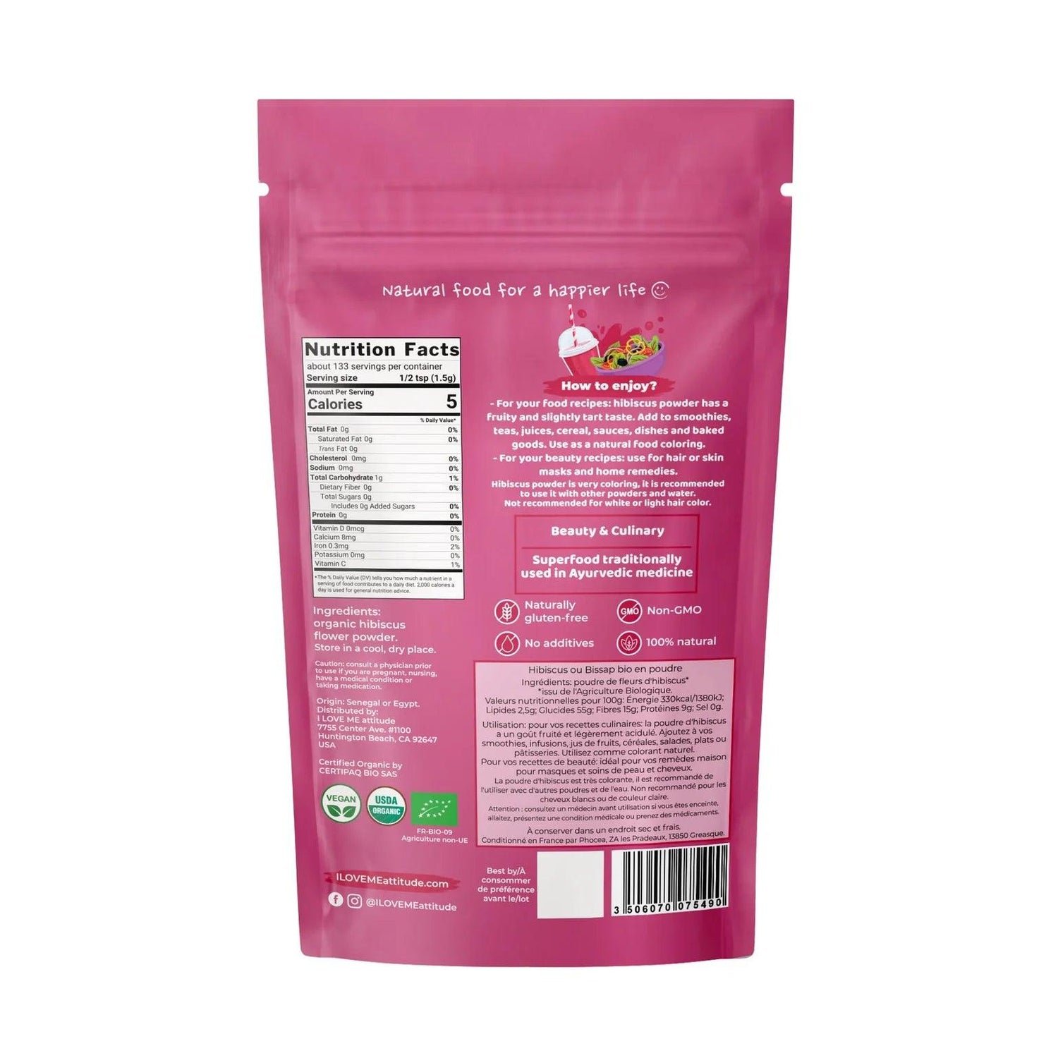 Organic hibiscus powder by ILOVE ME in a 200g package, vibrant red hibiscus flowers and powder in a natural setting.