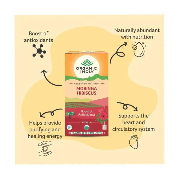Organic India BIO Moringa and Hibiscus tea infusion bags, featuring vibrant hibiscus flowers and green moringa leaves.