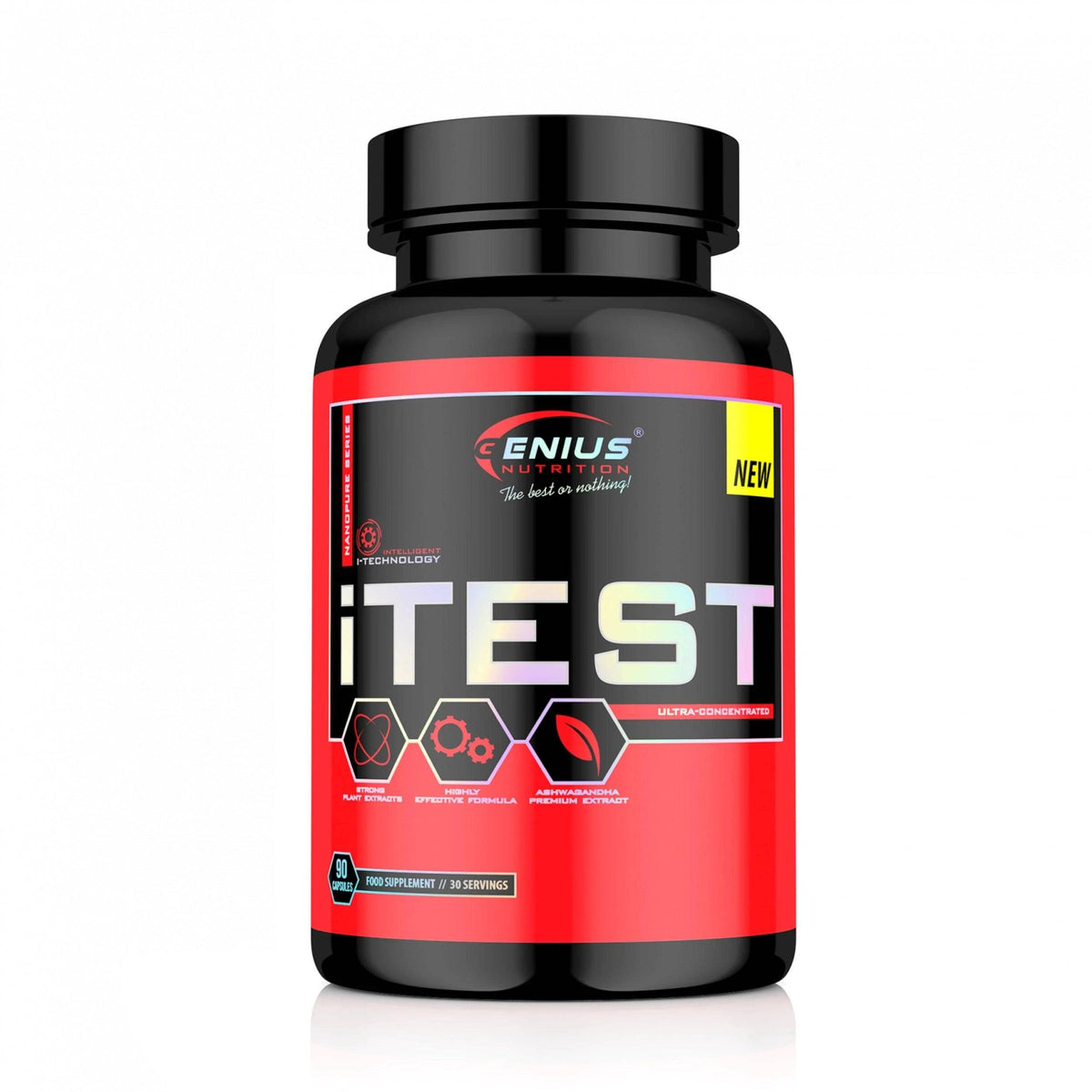 iTest supplement bottle by Genius Nutrition with 90 capsules, featuring a sleek label and cap, on a plain background.
