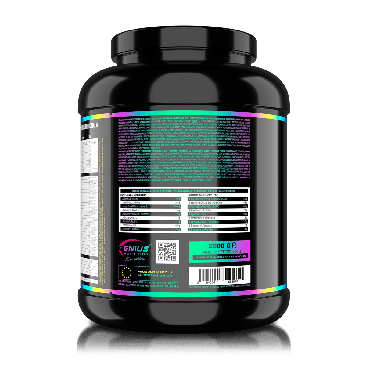 Genius Nutrition iWHEY protein powder in Cookies and Cream flavor, 2000g jar with nutritional label and scoop included.