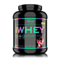 Genius Nutrition iWHEY protein powder in Cherry Cream Cake flavor, 2000g container with 60 servings, featuring a scoop of protein powder.