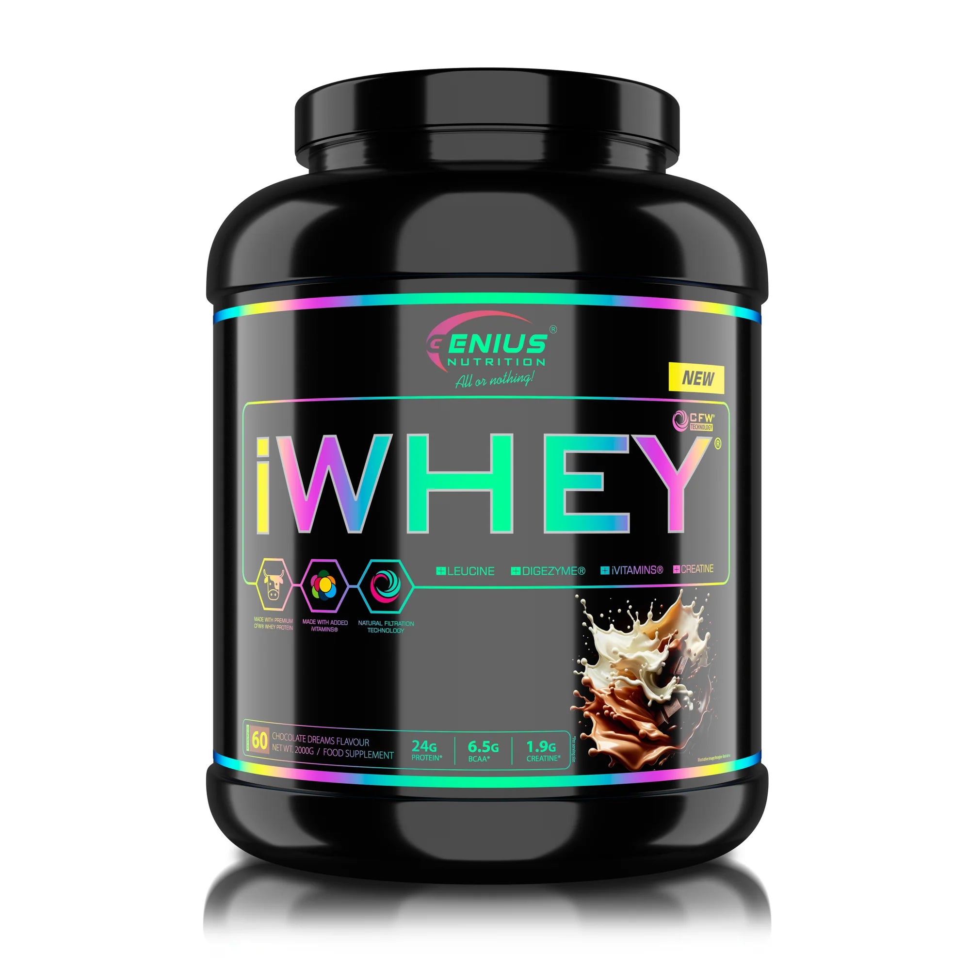 Genius Nutrition iWHEY protein powder in chocolate flavor, 2000g container with 60 servings, creamy texture and rich chocolate color