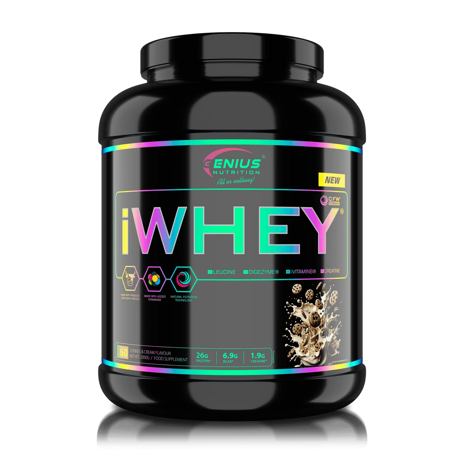 Genius Nutrition iWHEY Cookies and Cream protein powder 2000g jar with scoop, showing the product packaging and label.