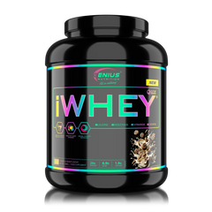 Genius Nutrition iWHEY Cookies and Cream protein powder in a 2000g container, with a scoop of creamy cookies and cream flavor.