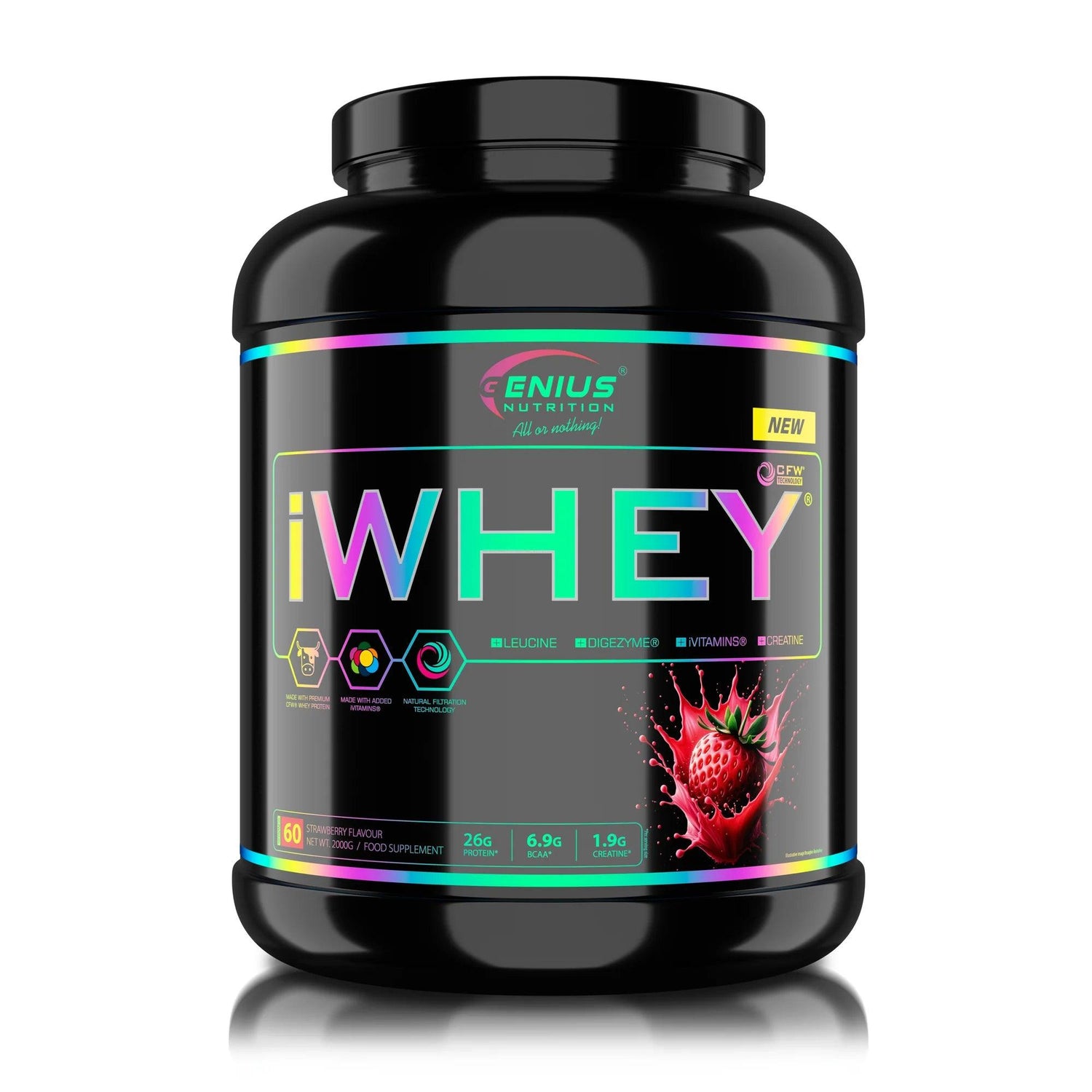 Genius Nutrition iWHEY protein powder in a 2000g container with strawberry flavor, showing the label and packaging.