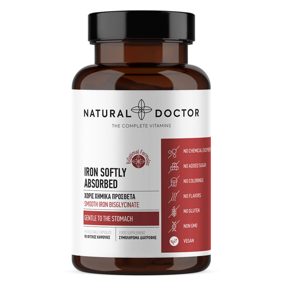 VITAREA Natural Doctor Iron supplement in a bottle with 90 vegetarian soft capsules, easy-to-absorb iron supplement.