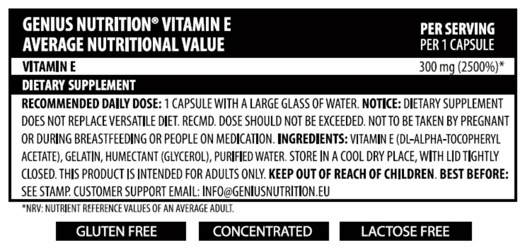 Genius Nutrition Vitamin E 60 liquid capsules supplement bottle, shown with capsules and label on a white background.