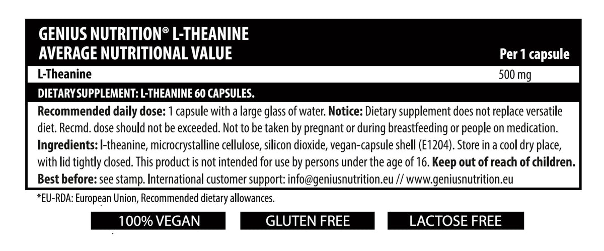 Genius Nutrition L-Theanine supplement bottle with 60 capsules, designed to promote relaxation and mental clarity.