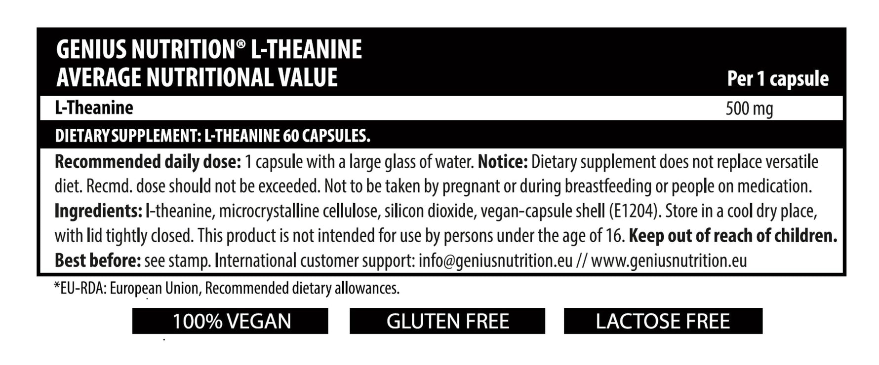 Genius Nutrition L-Theanine supplement bottle with 60 capsules, designed to promote relaxation and mental clarity.