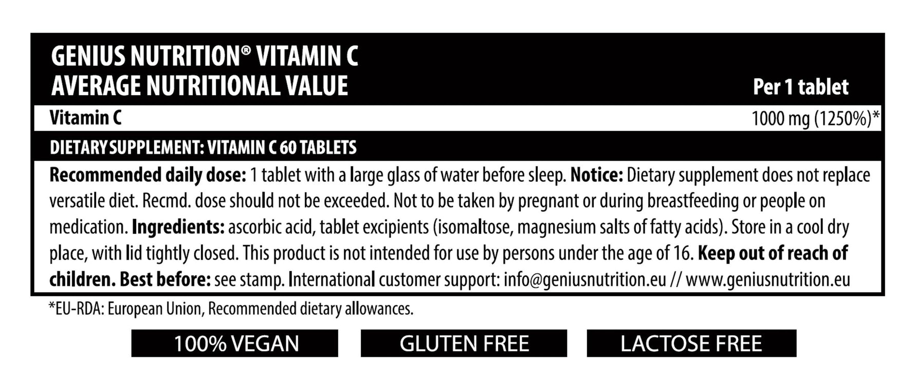 Genius Nutrition Vitamin C supplement with 60 tablets, providing immune support and antioxidant benefits.