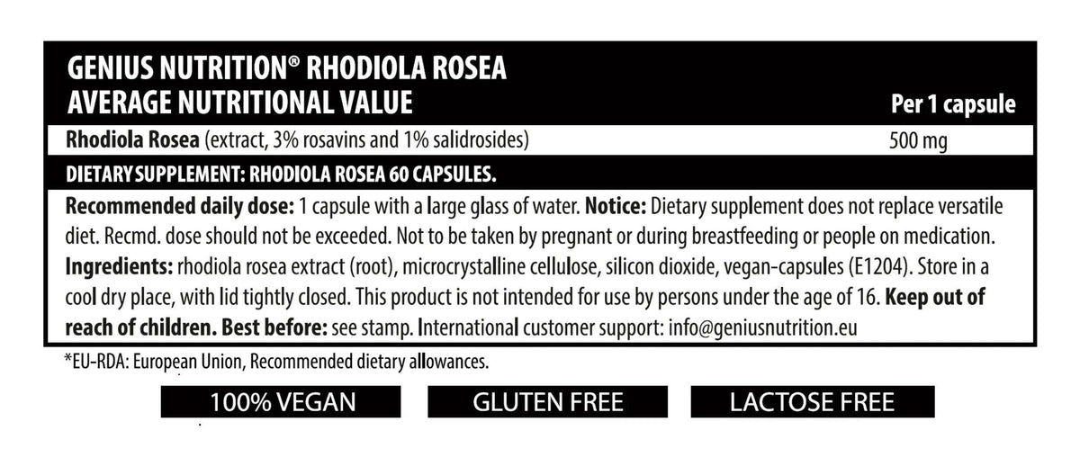 Genius Nutrition Rhodiola Rosea supplement bottle with 60 capsules, natural herbal adaptogen for energy and stress relief.