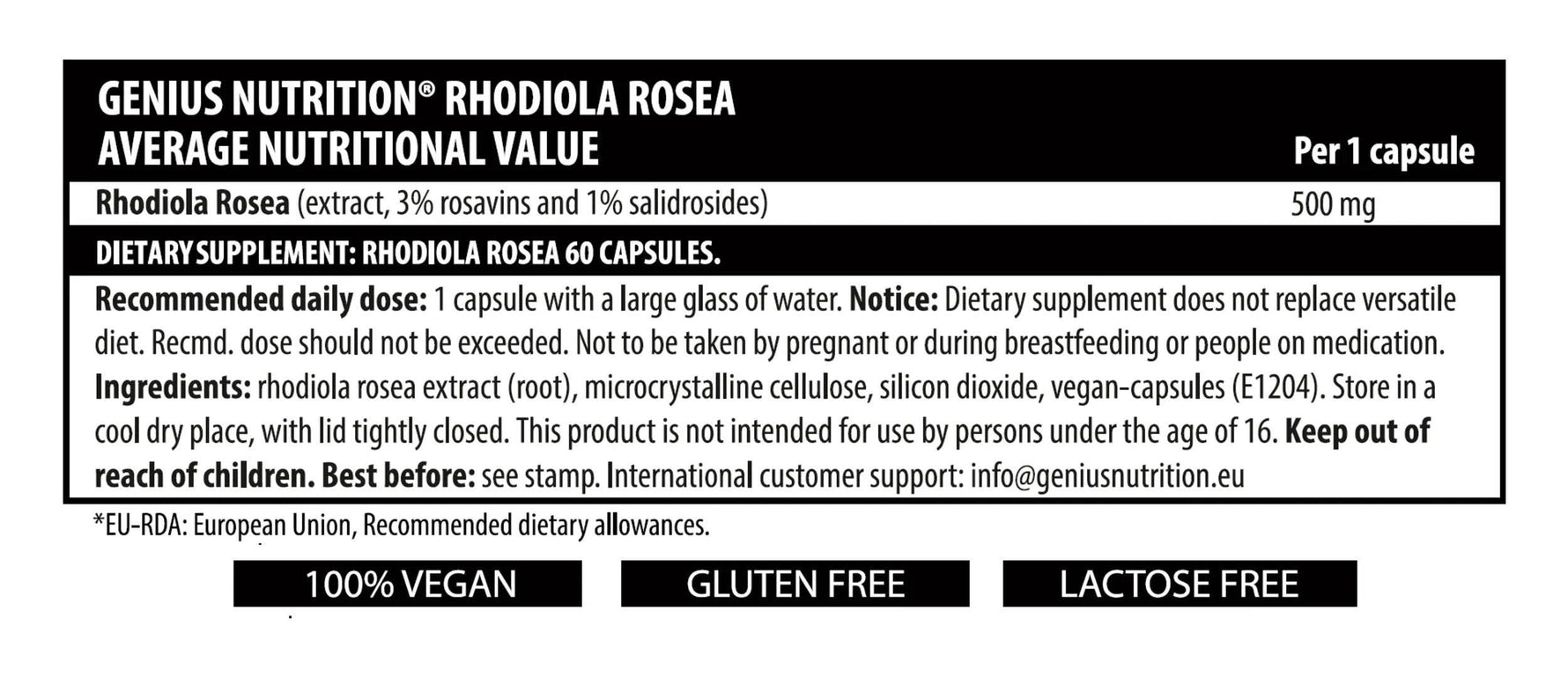 Genius Nutrition Rhodiola Rosea supplement bottle with 60 capsules, natural herbal adaptogen for energy and stress relief.
