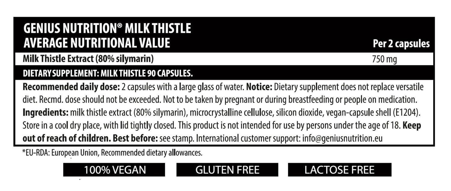 Genius Nutrition Milk Thistle supplement bottle with 90 capsules, natural herbal health boost for liver support.