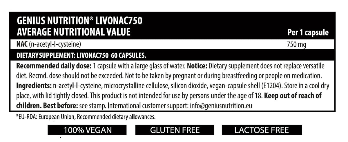Genius Nutrition LIVONAC750 supplement bottle with 60 capsules, dietary supplement for health and wellness in a white bottle