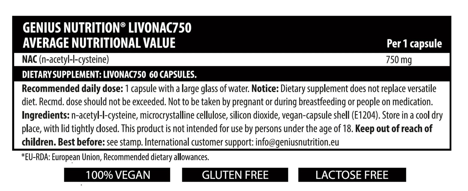 Genius Nutrition LIVONAC750 supplement bottle with 60 capsules, dietary supplement for health and wellness in a white bottle