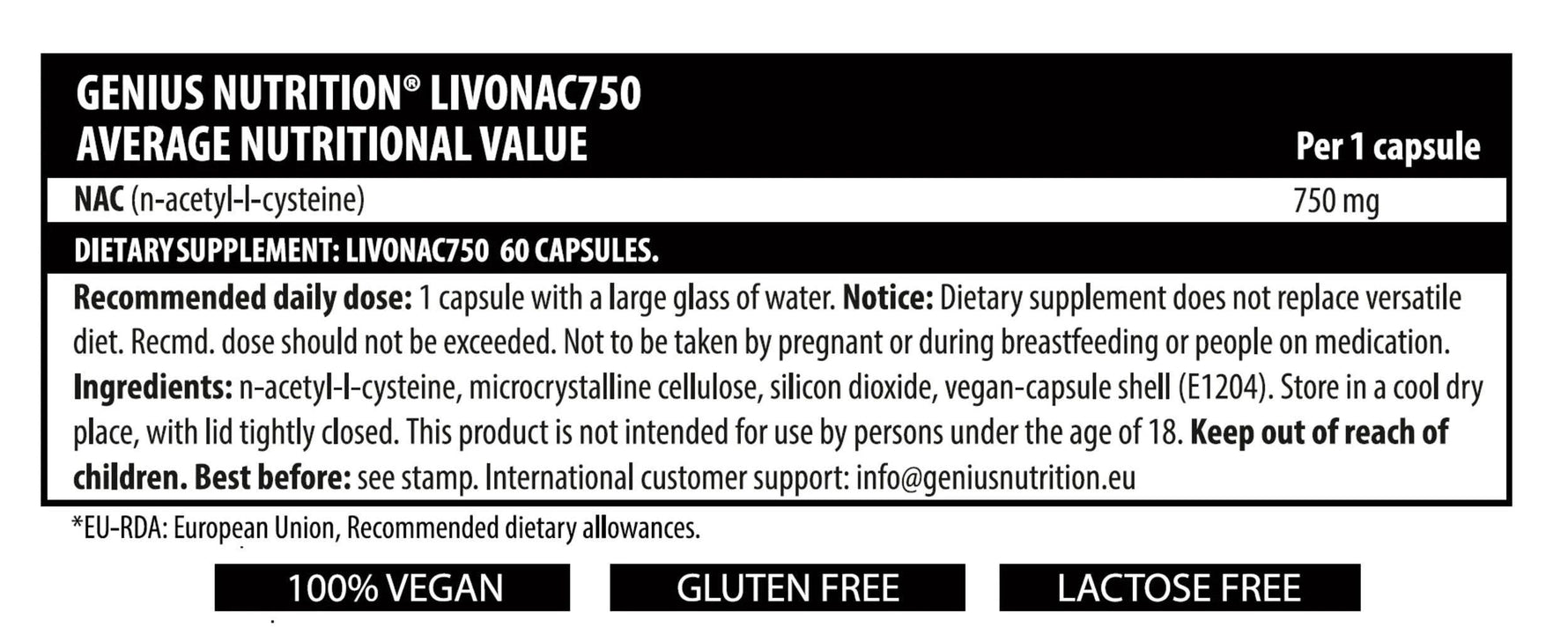 Genius Nutrition LIVONAC750 supplement bottle with 60 capsules, dietary supplement for health and wellness in a white bottle