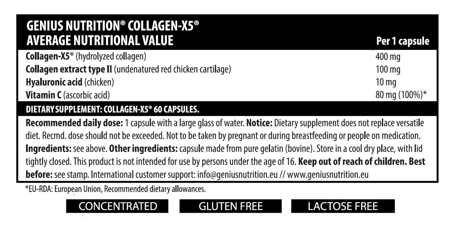 Genius Nutrition Collagen-X5 supplement bottle with 60 capsules, designed to support skin, hair, and joint health.