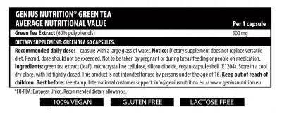 Genius Nutrition green tea supplement bottle with 60 capsules, natural green tea extract for health and wellness.