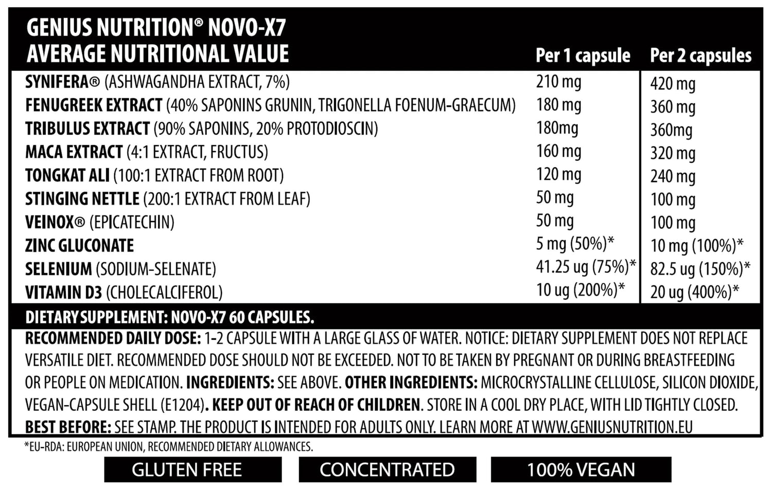 Genius Nutrition Novo X7 supplement bottles with 60 capsules each, displayed on a plain background.