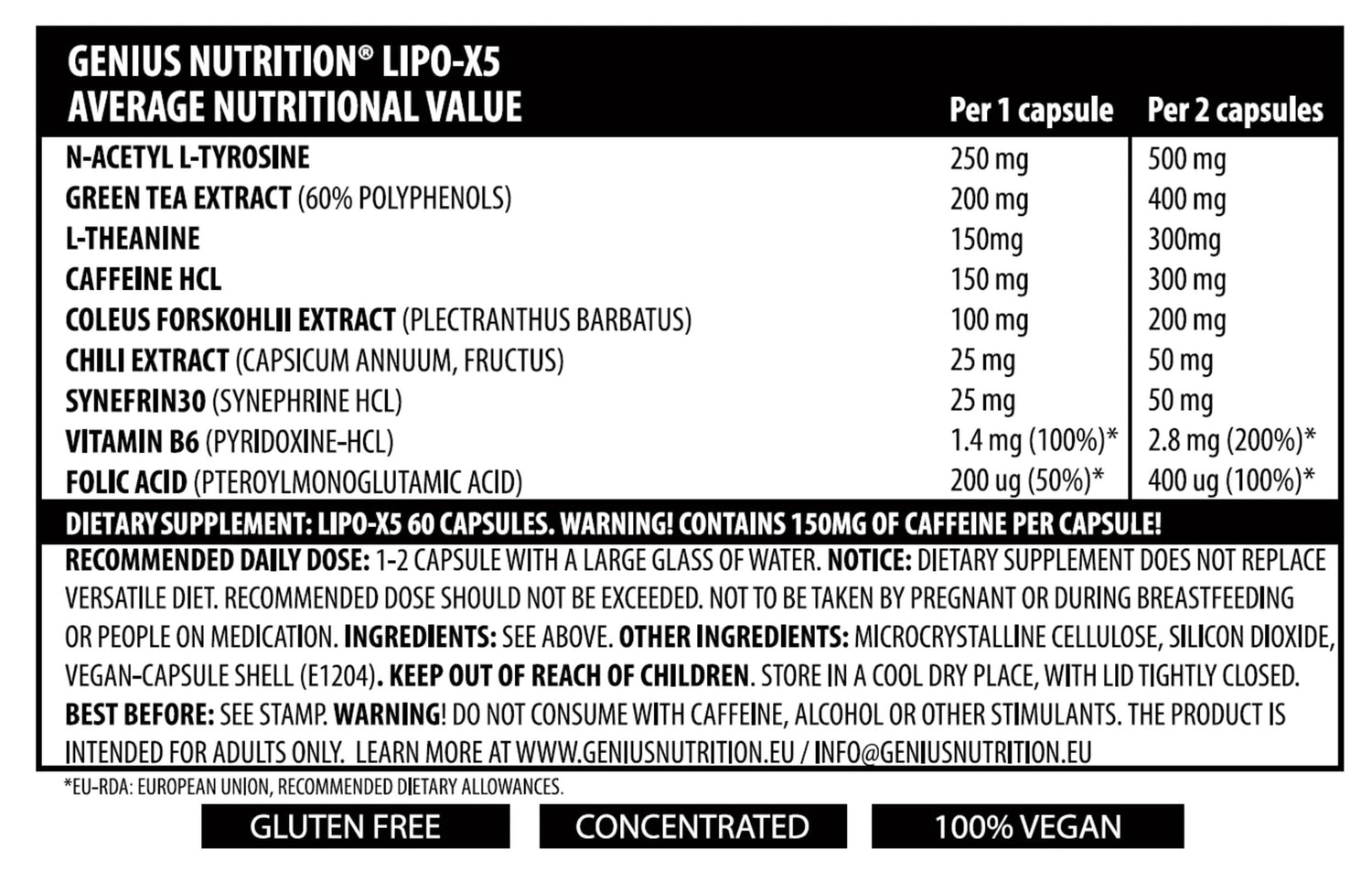 Genius Nutrition LIPO-X5 supplement bottle with 60 capsules, showing the label and product packaging.