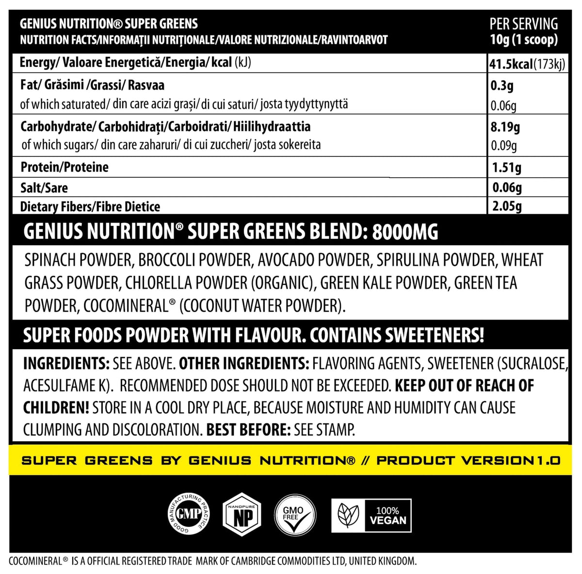 Genius Nutrition Super Greens superfood powder in 300g package, vibrant green powder in a resealable bag.