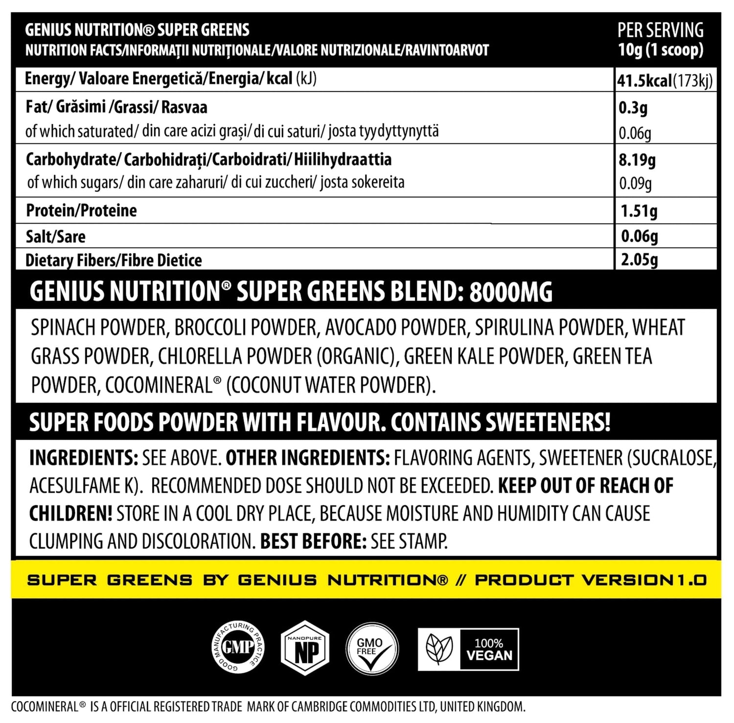 Genius Nutrition Super Greens superfood powder in 300g package, vibrant green powder in a resealable bag.