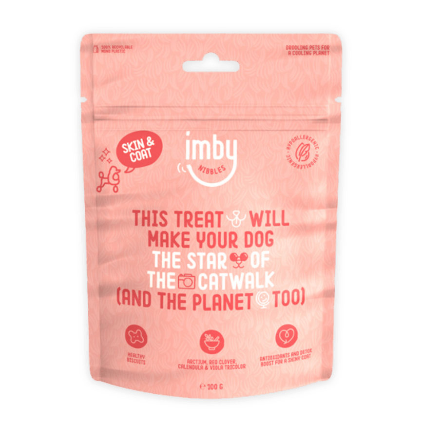 IMBY Skin & Coat dog supplement in 100g package, showing the product packaging and label for healthy skin and shiny coat.
