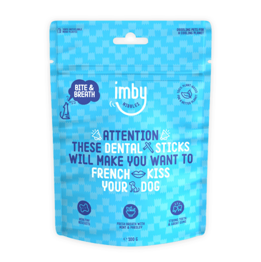 IMBY Dental Sticks for dogs, 100g package, showing crunchy dental treats designed to promote oral health in pets.