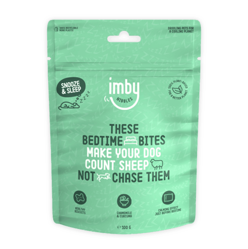 IMBY Snooze & Sleep dog supplement in 100g package, designed to support restful sleep for dogs.