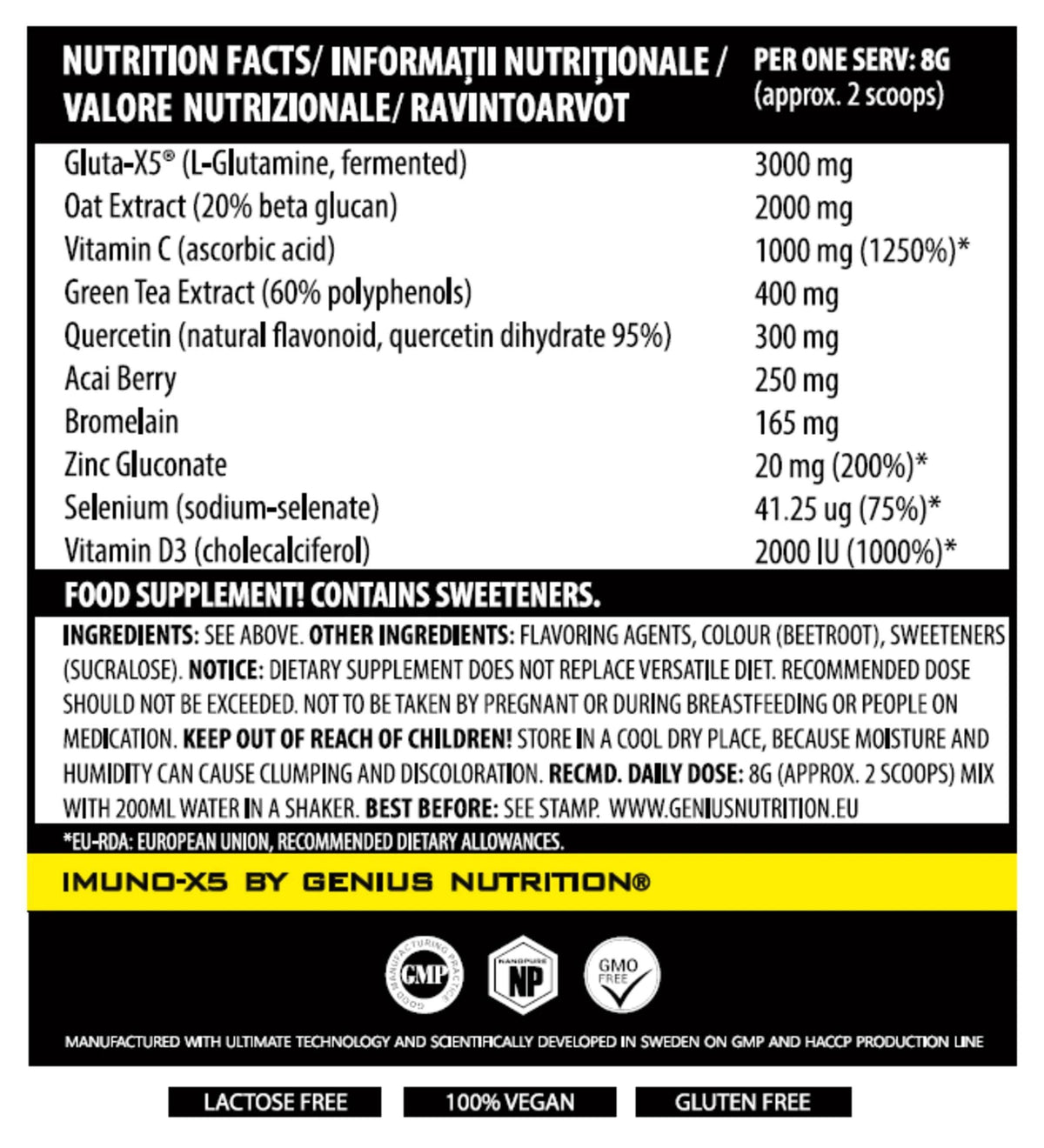 Genius Nutrition IMUNO-X5 supplement powder in a 240g jar, featuring a label with health and immune support ingredients.