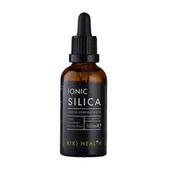 Kiki Health Ionic Silica Liquid Supplement in a 50ml bottle, herbal supplement for hair, skin, and nail health.