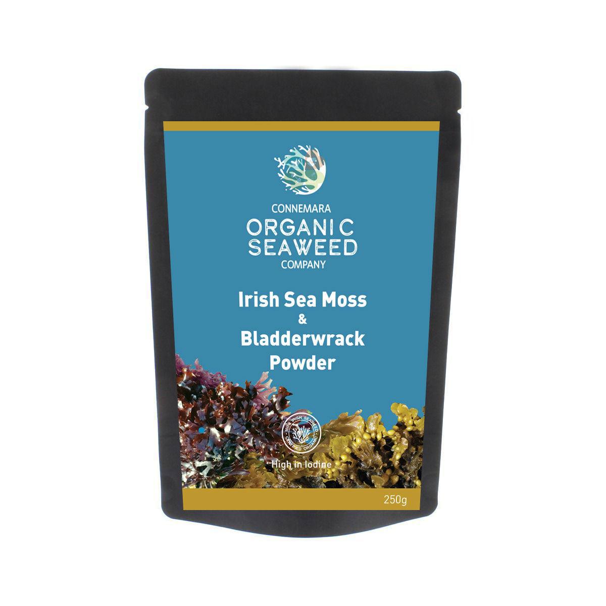 250g jar of OLD PRODUCTS Irish Seamoss and Bladderwrack powder, natural seaweed supplement in a clear container.