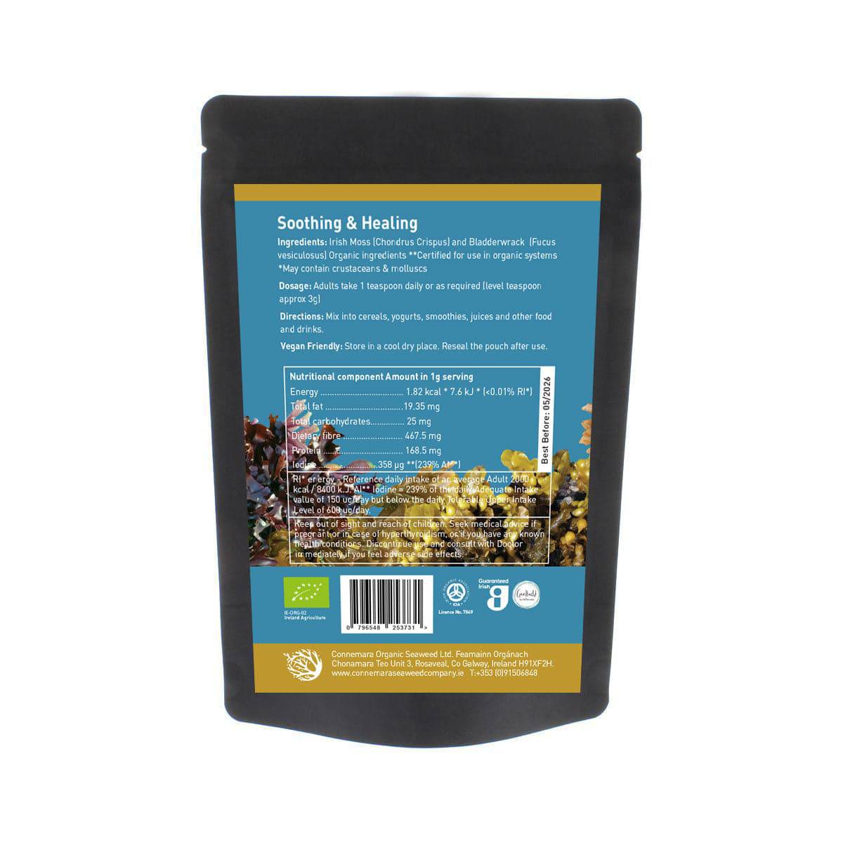 Back view of 50g package of OLD PRODUCTS Connemara BIO Irish Seamoss and Bladderwrack Powder, showing the product label and packaging.