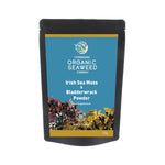 Old Products Connemara BIO Irish Seamoss and Bladderwrack Powder, 50g, in a clear jar with a natural seaweed appearance.