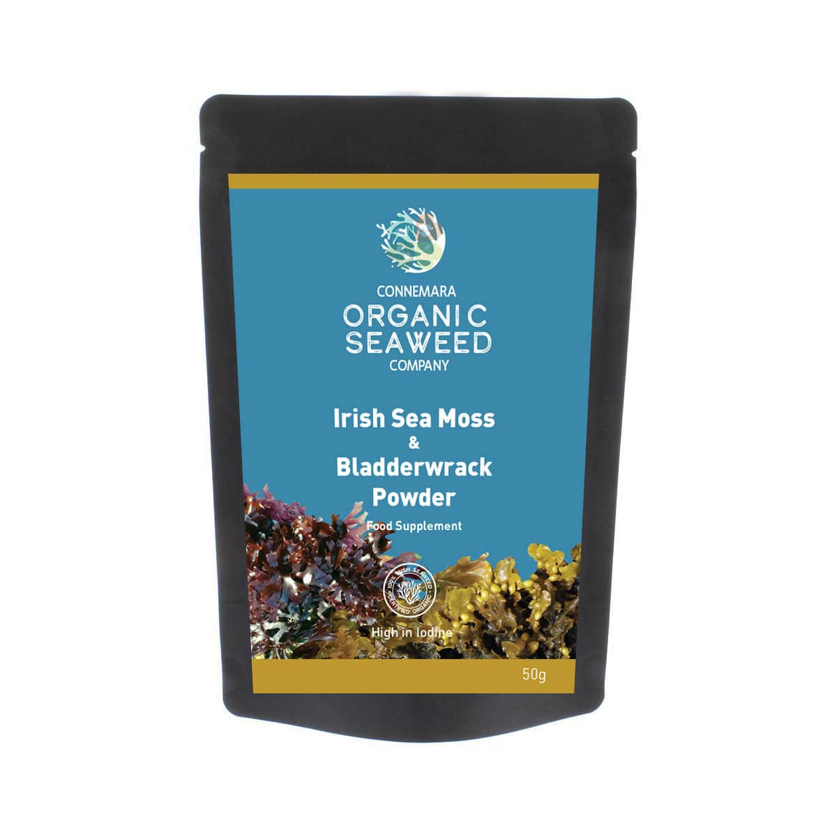 Old Products Connemara BIO Irish Seamoss and Bladderwrack Powder, 50g, in a clear jar with a natural seaweed appearance.