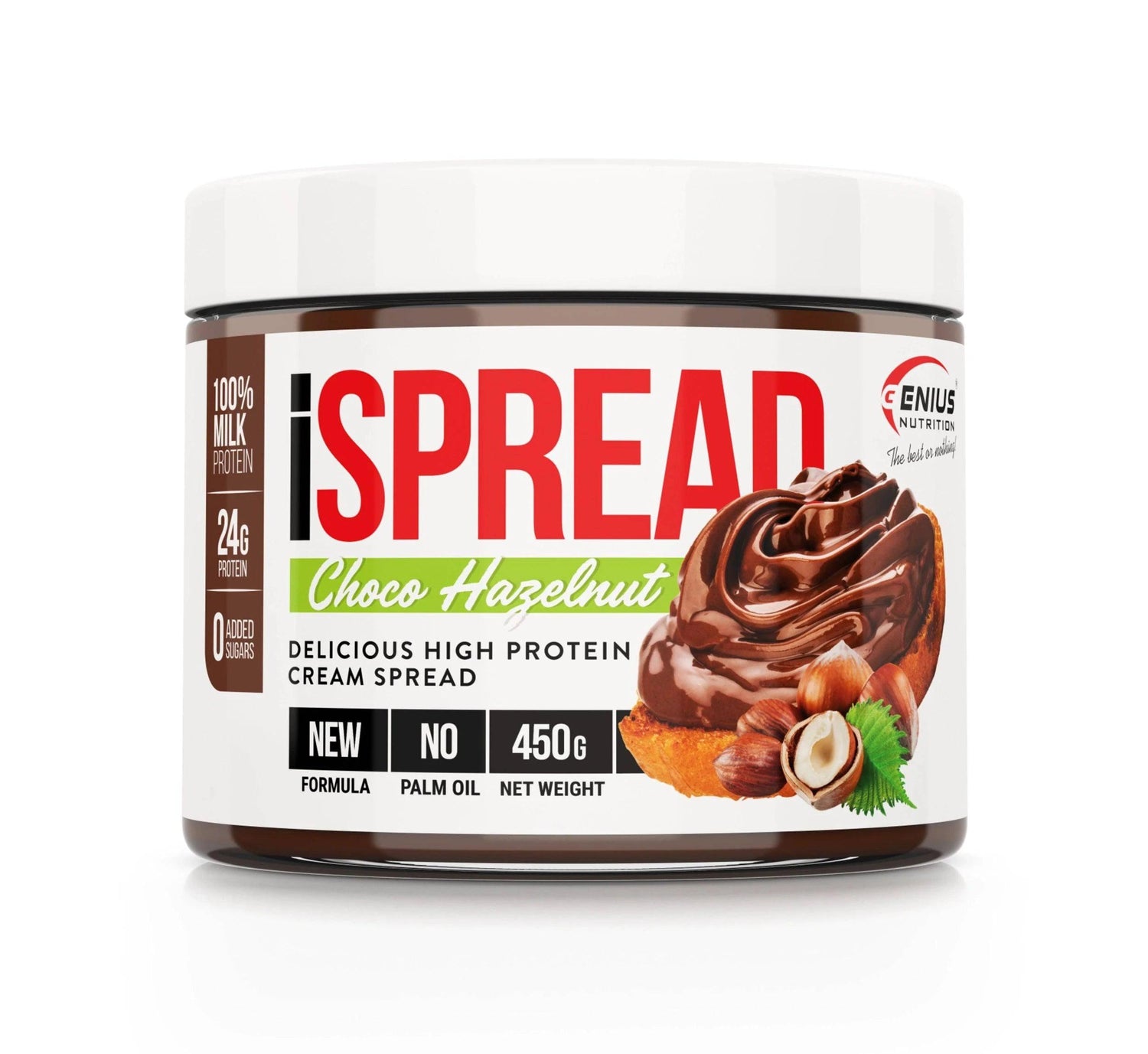 Creamy ISpread spread from Genius Nutrition in 450g jar, showcasing its smooth texture and rich flavor.
