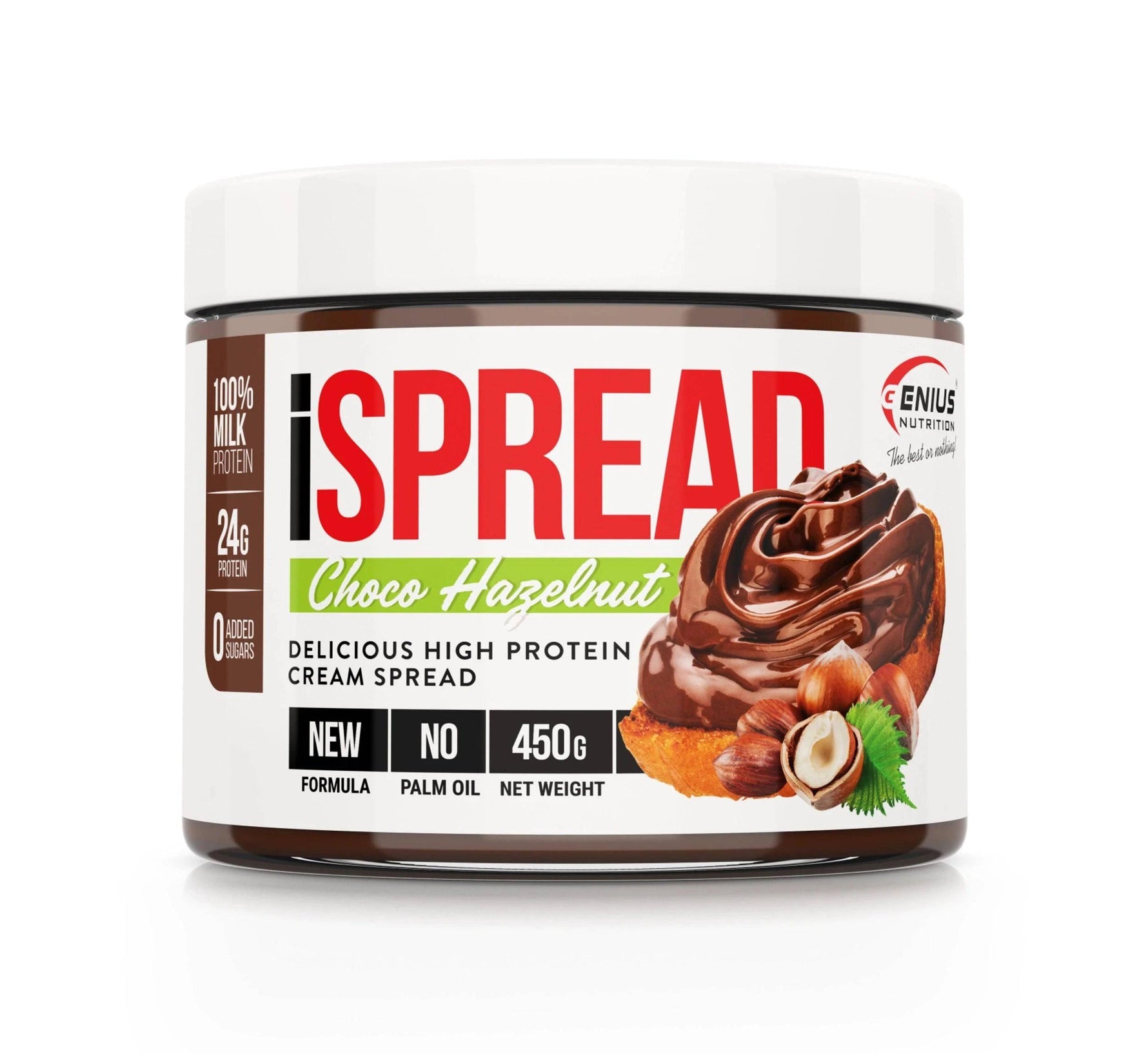Creamy ISpread spread from Genius Nutrition in 450g jar, showcasing its smooth texture and rich flavor.