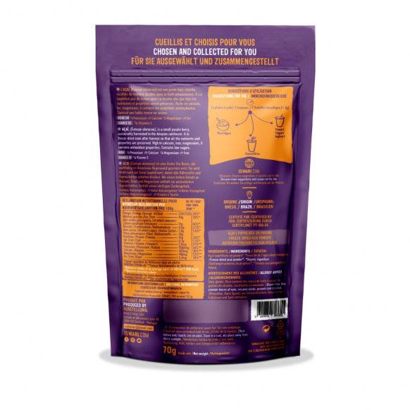 Iswari BIO acai powder supplement in 70g package, gluten-free, with a natural image showing the product in a clear container.