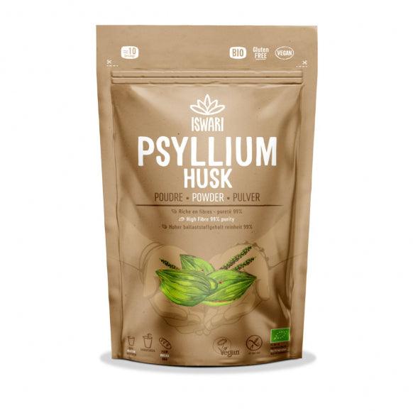 Iswari BIO Psyllium Husk superfood in 125g package, gluten-free, shown in front view with a natural background.