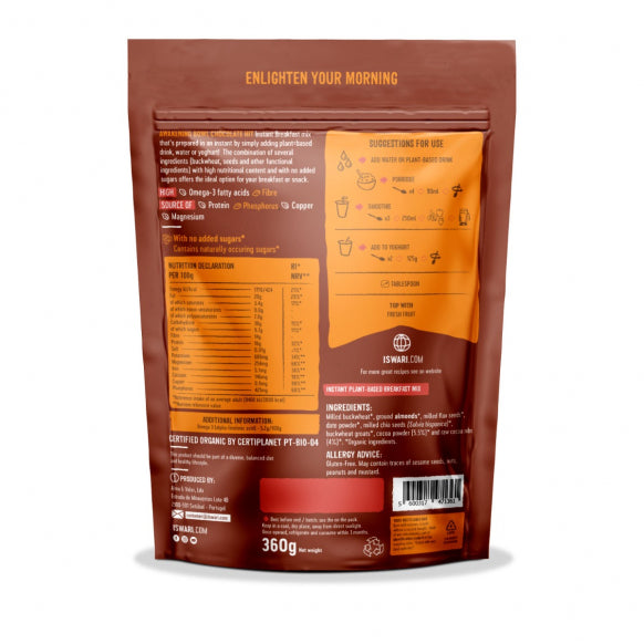 Iswari Bio Awakening Bowl Chocolate Hit energy powder in a jar, Herbalistas brand, gluten-free, 360g.