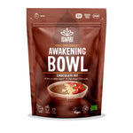 Iswari BIO Awakening Bowl Chocolate Hit energy powder from Herbalistas, gluten-free and displayed in front of the packaging.