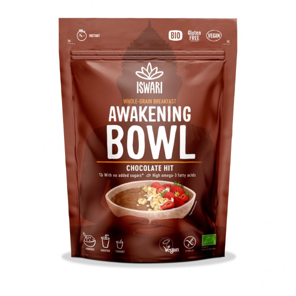 Iswari BIO Awakening Bowl Chocolate Hit energy powder from Herbalistas, gluten-free and displayed in front of the packaging.