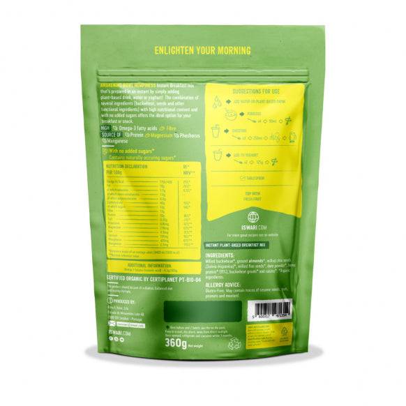 Herbalistas Iswari BIO Awakening Bowl Hempiness energy powder in a 360g package, gluten-free superfood for breakfast or snacks.