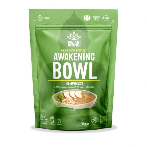 Herbalistas Iswari BIO Awakening Bowl Hempiness energy powder in 360g package, front view showing product branding and packaging.