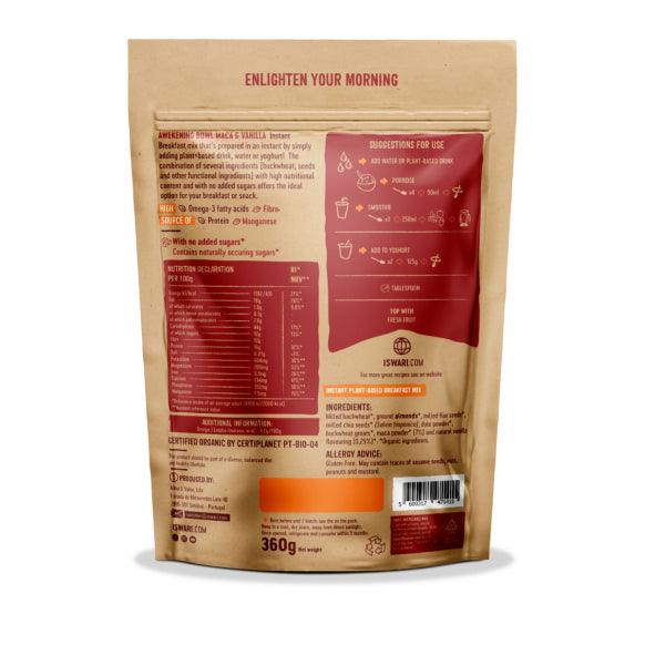 Herbalistas Iswari BIO Awakening Bowl with Maca and Vanilla, gluten-free energy powder in 360g package, close-up of the product container