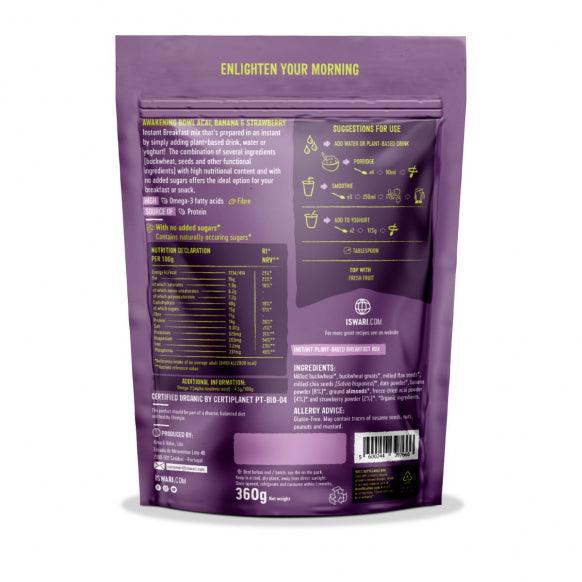 Iswari BIO Awakening Bowl supplement with acai, banana, and strawberry powder in a 360g container, shown in a back view.