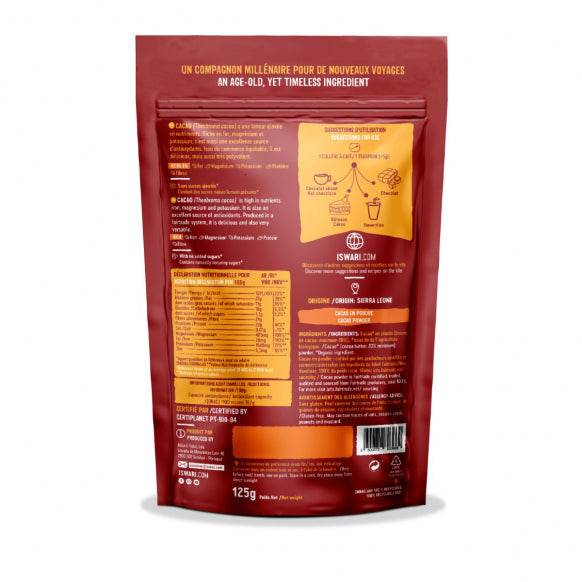 Old Products Iswari BIO Cacao Powder gluten-free supplement in a 125g package, showing the cacao powder in the container.