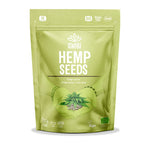 Iswari BIO hemp seeds, gluten-free superfood in 250g pack, displayed in a clear container on a wooden surface.